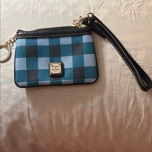 Dooney & Bourke Teal and Light Blue Plaid Wristlet w/ Black Strap and key ring.